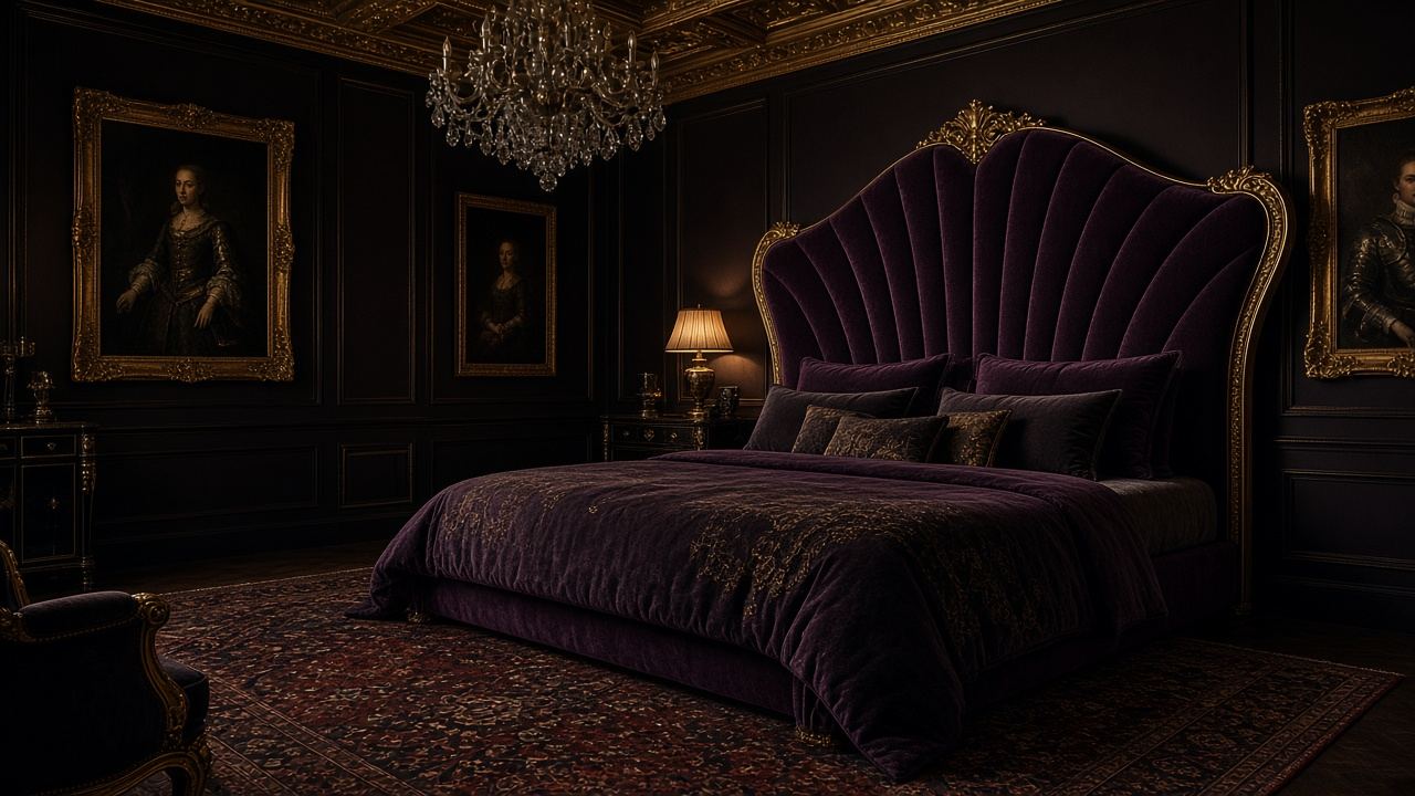 AI-generated image: a regal bedroom with an aubergine velvet headboard trimmed in gold and a chandelier