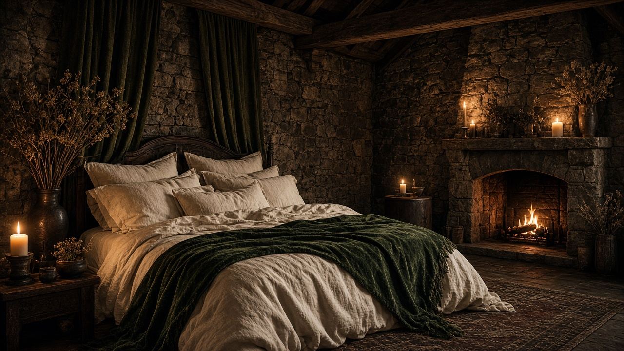 AI-generated image: a stone castle bedroom with ivory linens and a fireplace