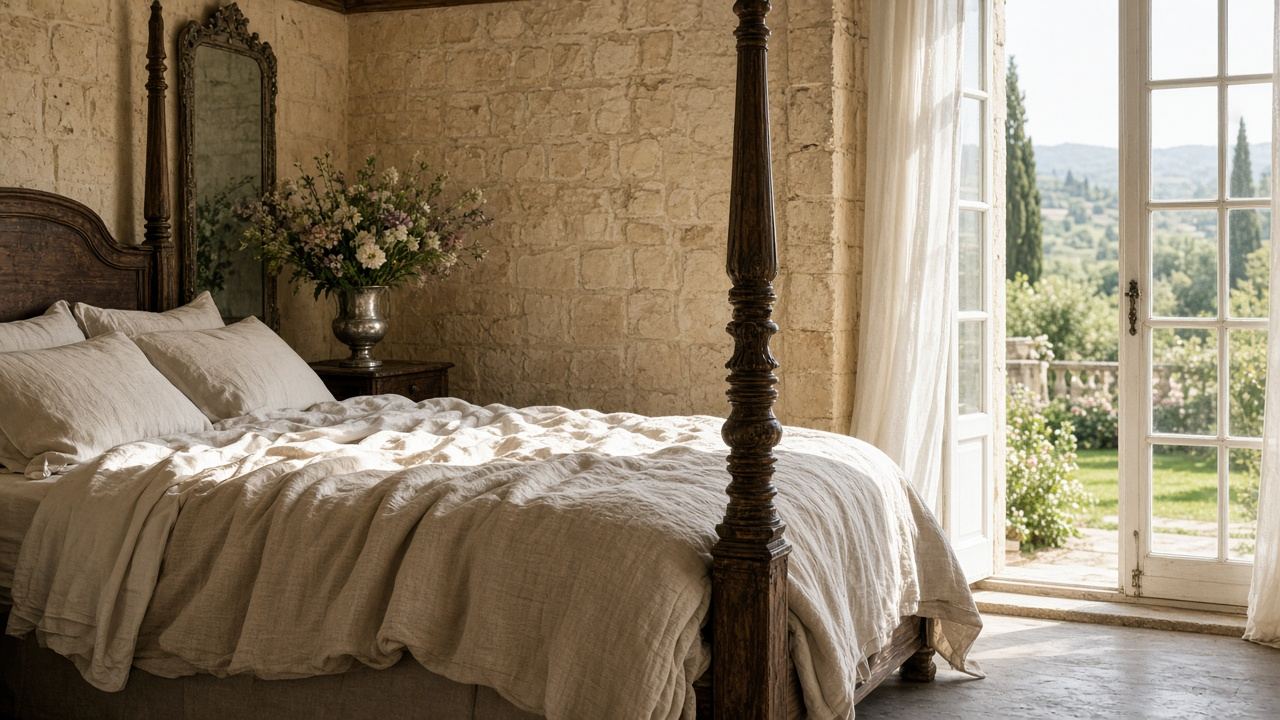 AI-generated image: a bed in washed linen with a carved headboard and gilt mirror