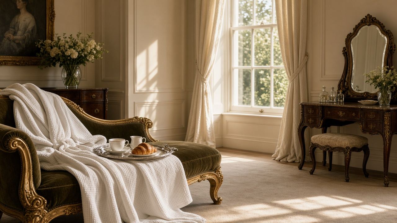 AI-generated image: a sunny sitting room with a gilded chaise and breakfast tray